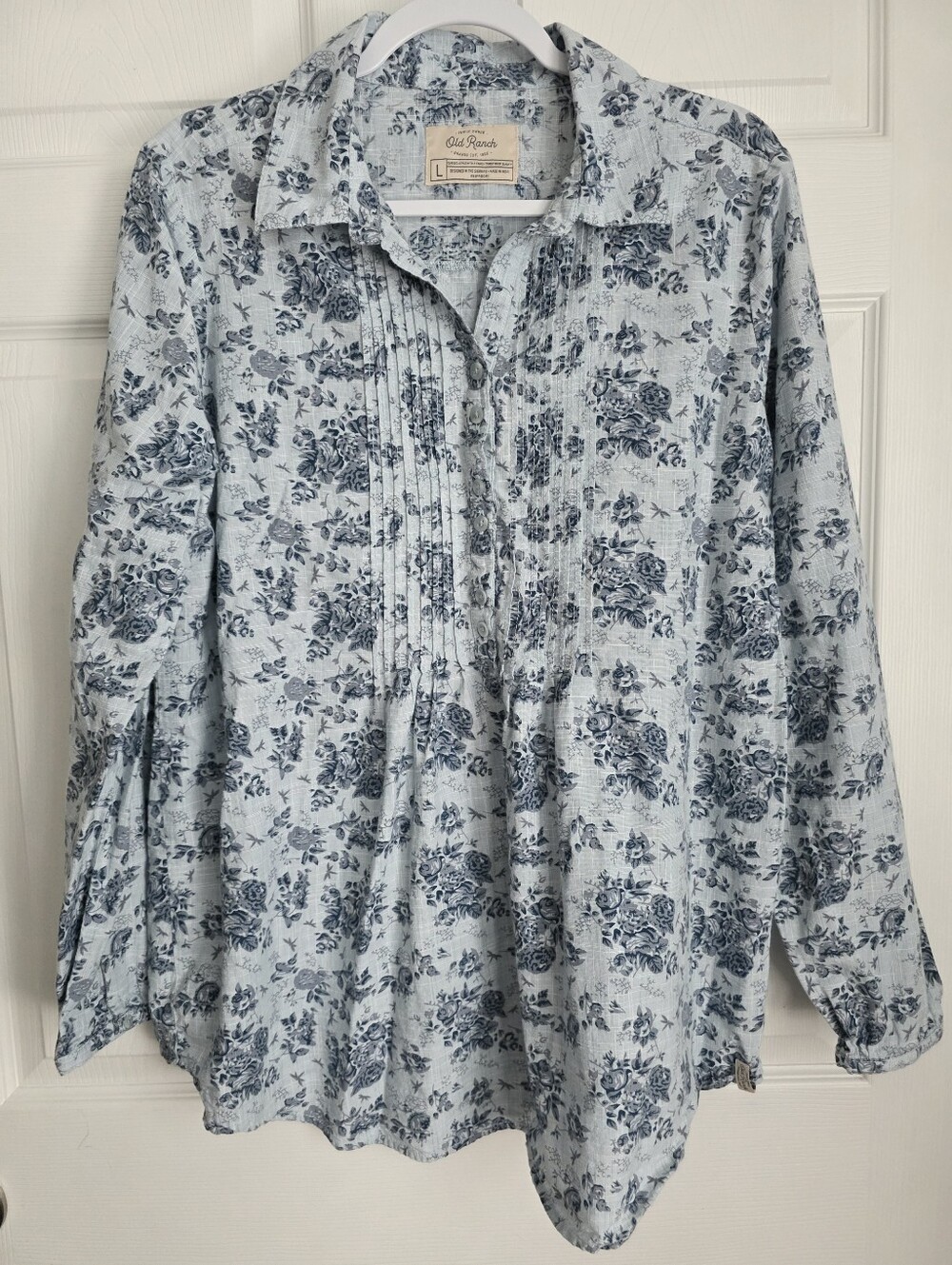 Old Ranch Brands Organic Cotton Pintuck Floral Blouse Blue L
